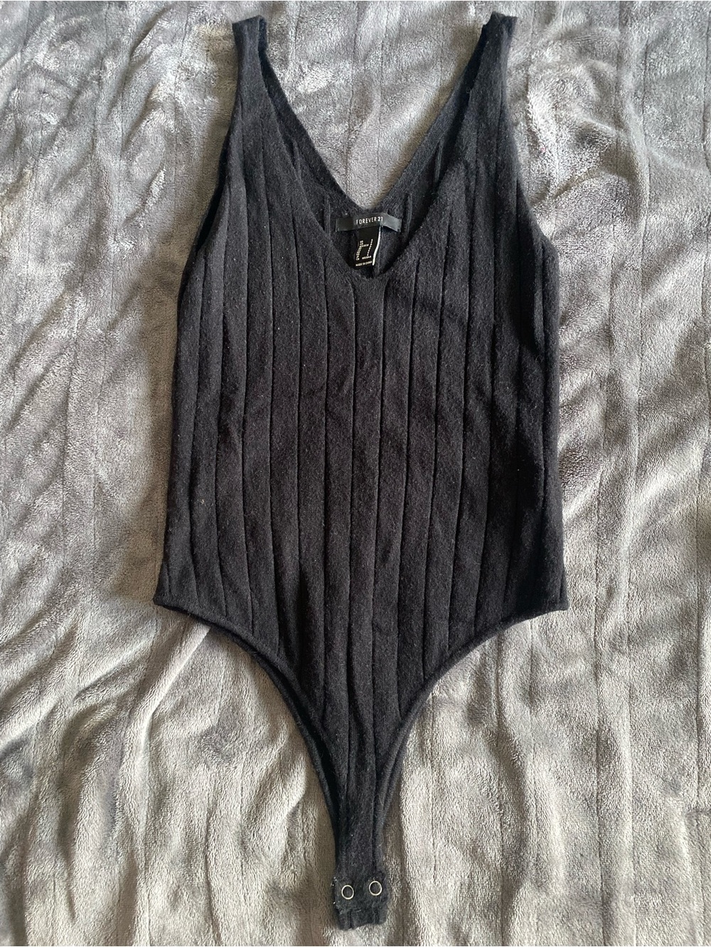 Forever 21 Black Ribbed Knit V-Neck Bodysuit with Thin Straps